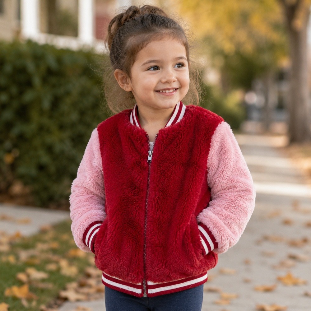 Cat‎ & Jack Girls Red Pink Faux Fur Varsity Bomber Jacket Size 4T